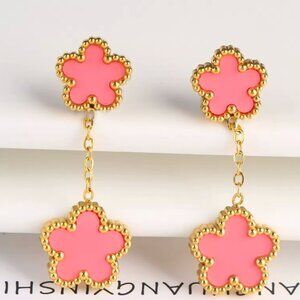 Alhambra Pink Luck Four Clover Gold Flower Stainless Steel Drop Earrings